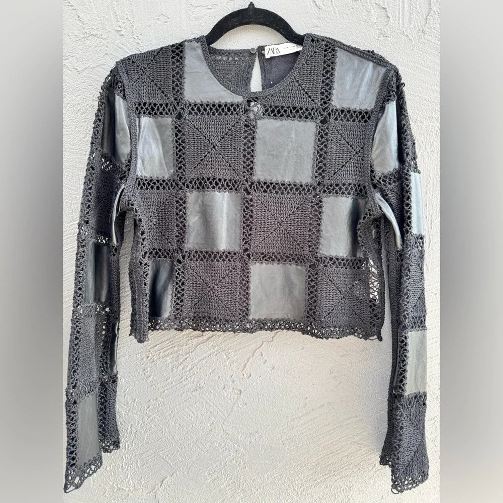 Zara Faux Leather Crochet Long Sleeve Top, Size M